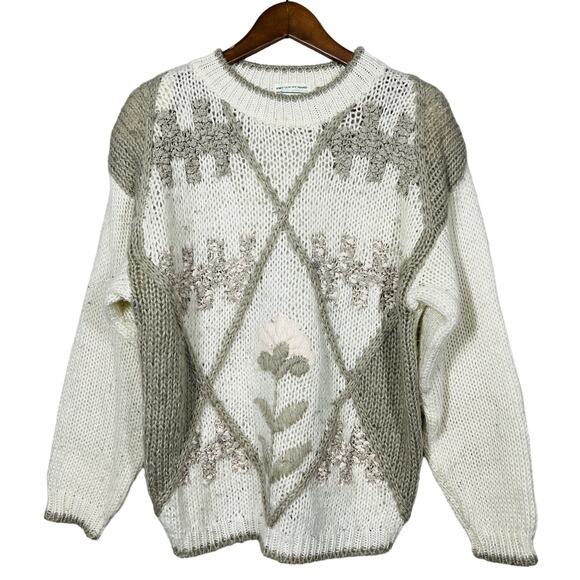 Vintage Shenanigans Handknit Sweater Floral Long Sleeve - L - Picture 1 of 4